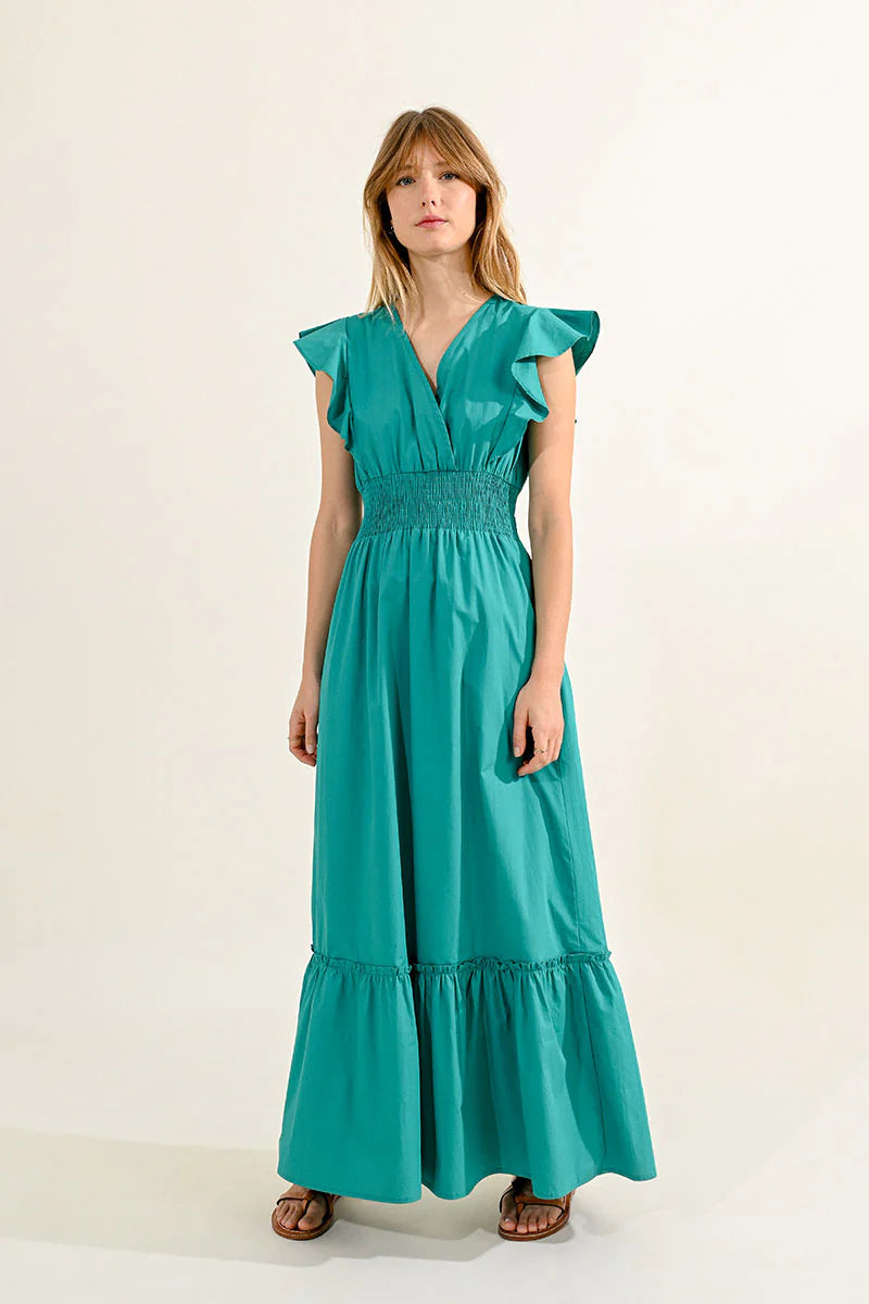 Ruffled V-Neck Dress - Green