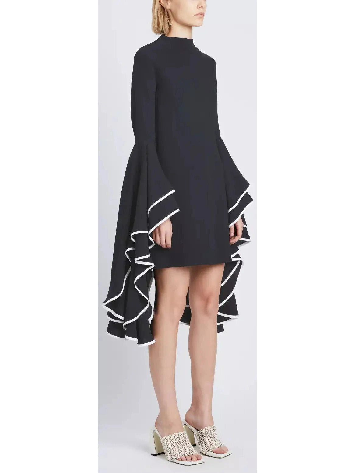 Crepe Exaggerated Sleeve Dress, Black