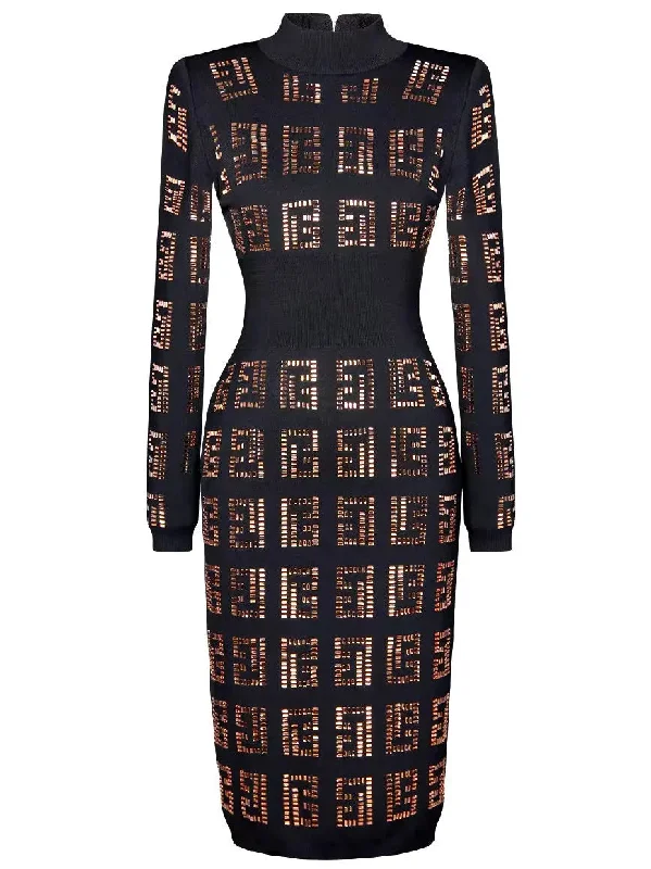 Crystal-Embellished High-Neck Stretch Knit Dress