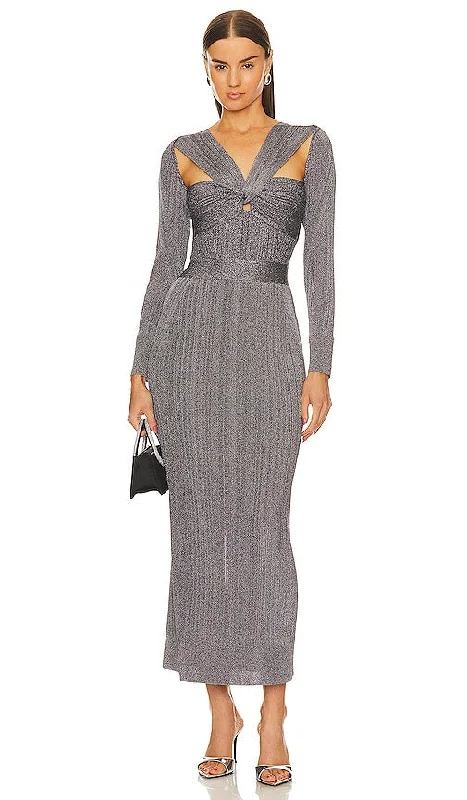 Herve Leger Var Draped Metallic Gown in Metallic Silver