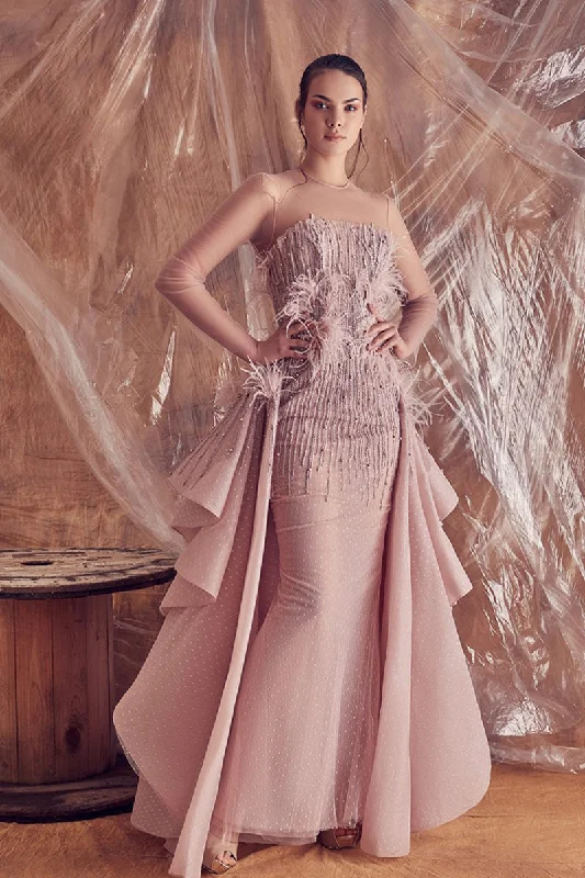 Illusion neckline beaded dress featuring ruffled overskirt