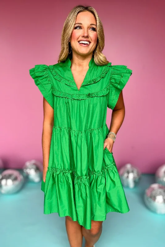 Kelly Green V Neck Ruffle Sleeve Tiered Dress *FINAL SALE*