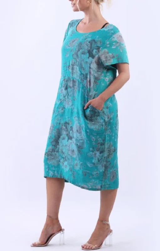 Linen Dress, Ribbed Sides Antique Rose – Teal
