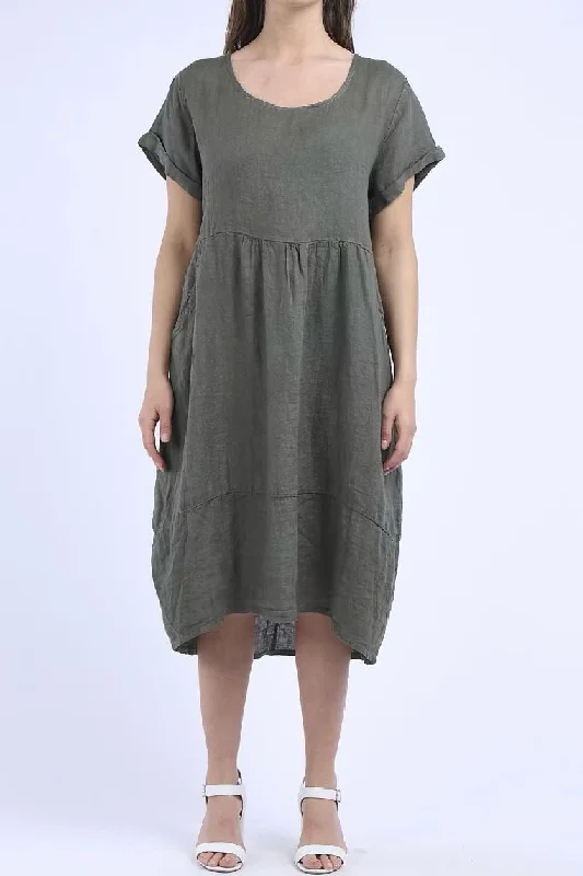 Linen Round Neck Elegant Style Dress-Khaki