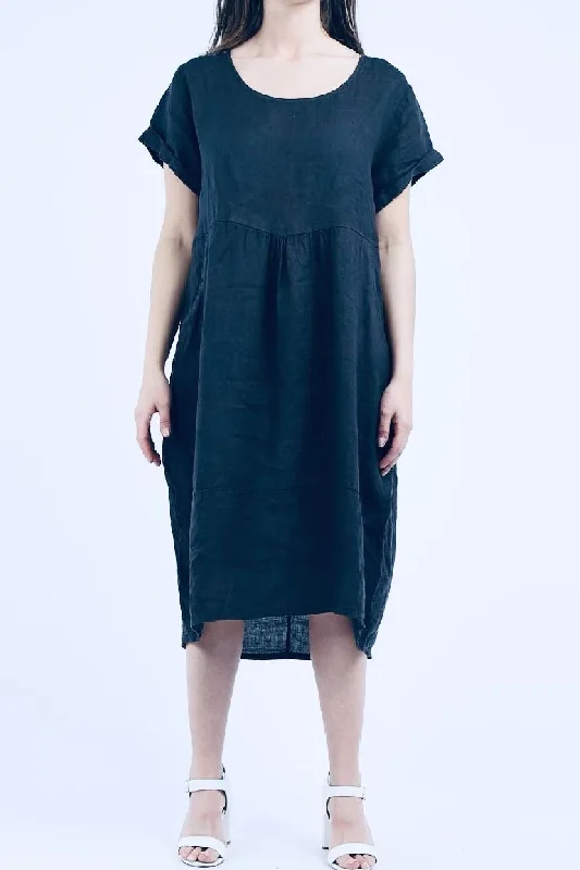 Linen Round Neck Elegant Style Dress-Navy