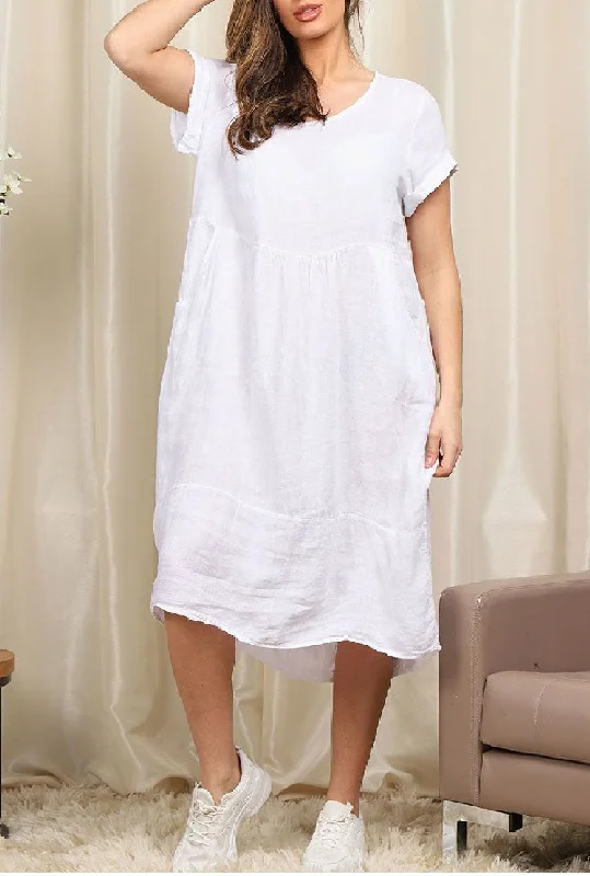 Linen Round Neck Elegant Style Dress - White