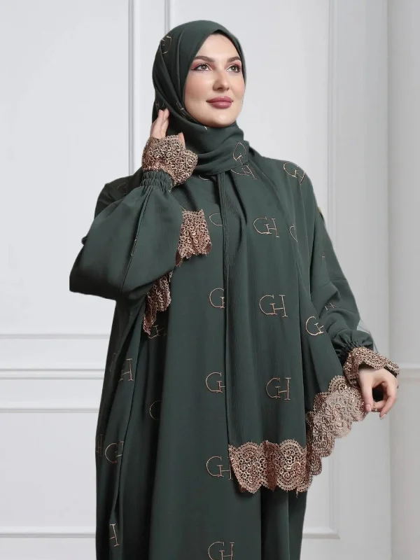 One-Piece Prayer Set Dress & Abaya with attached Hijab - Crepe with GH Embroidery