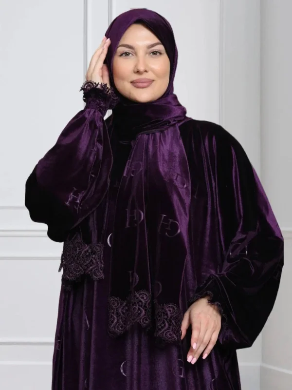 One-Piece Prayer Set Dress & Abaya with attached Hijab - Velvet with GH Print