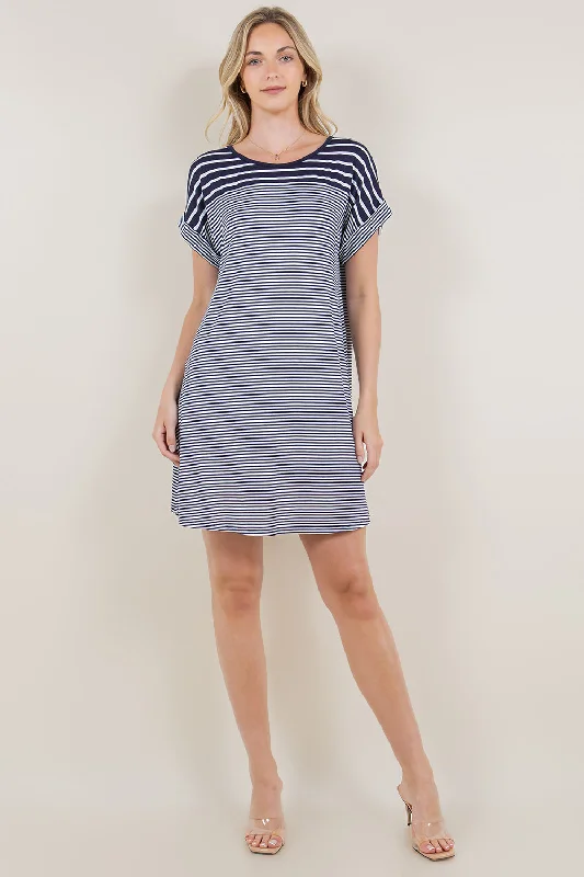 SS DOLMAN ROLL CUFF STRIPE BLOCK DRESS - D3405