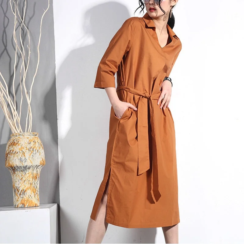 Summer Fashion Tide Solid Color Lapel Three-quarter Sleeve Sasehs Split Brief Loose Dress