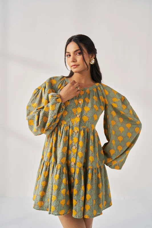 SUMMER LOVE-GEOMATRICAL PRINT GREEN AND ORANGE PLAYFUL DRESS