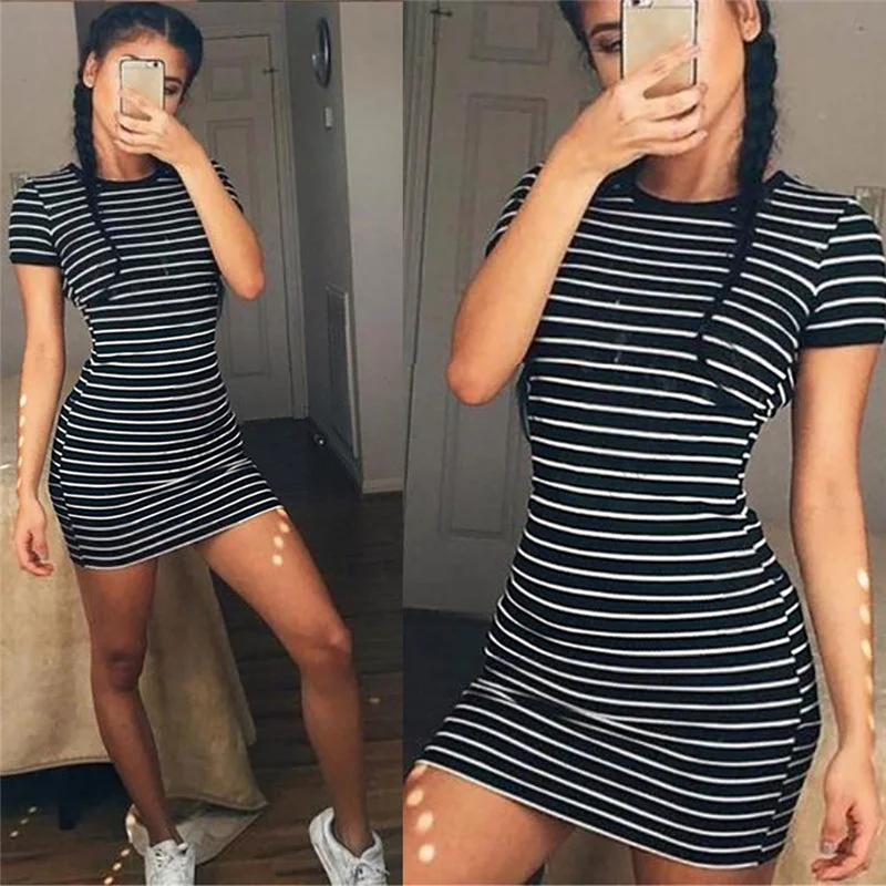 Summer Round Neck Short-sleeved Black And White Striped Dresses Sheath Slim Casual Dress
