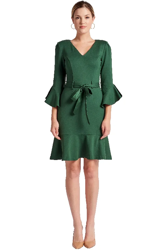 Tayte Dress - V-neck 3/4 sleeve dress with ruffle accents and self belt