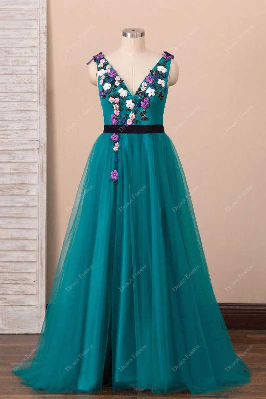 Peacock Tulle V-neck Romantic 3D Flowers Slit Evening Prom Dress