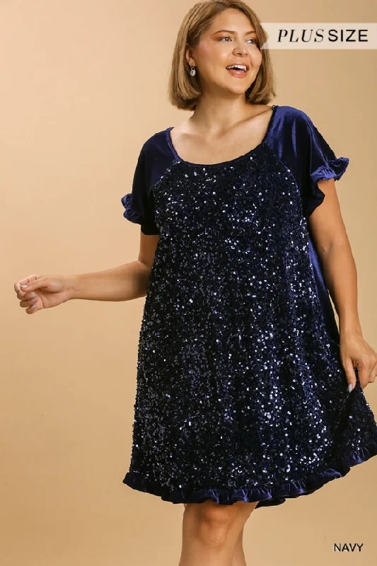 Velvet Sequin Short Ruffle Sleeve Dress -PLus