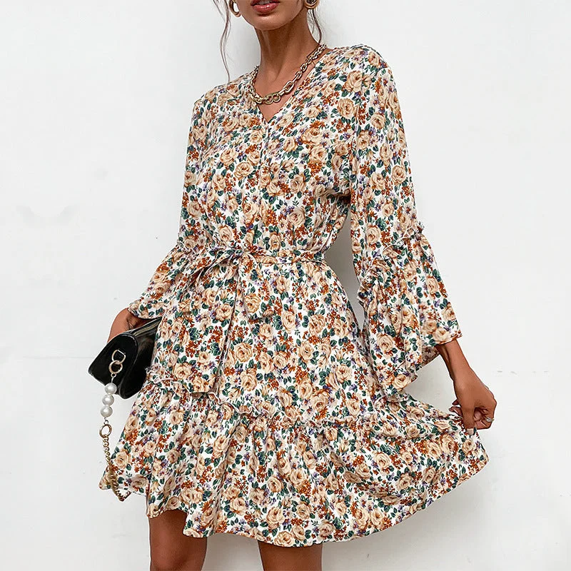 Women's V-neck printed long-sleeved early autumn dress