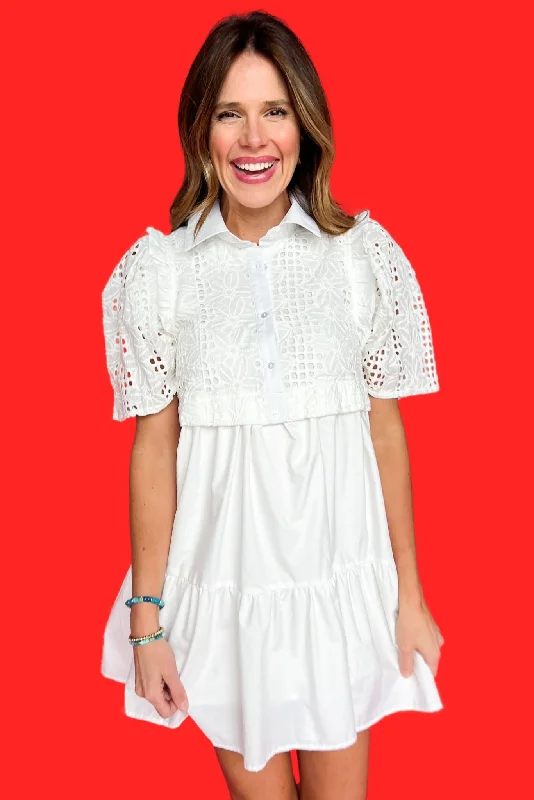 White Lace Overlay Collared Half Button Front Tiered Dress *FINAL SALE*