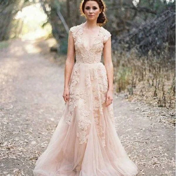 Charming Pink Lace Sexy V-neck Long Sheath Tulle Wedding Party Dresses, WDY0113 A-Line Day Work Charming Pink Lace Sexy V-neck Long Sheath Tulle Wedding Party Dresses, WDY0113 A-Line Day Work