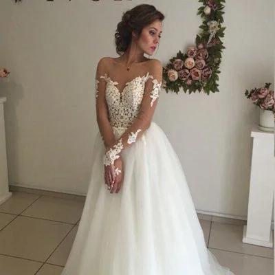 Sweetheart Open Back Sexy A-line White Tulle Lace Long Wedding Party Dresses, WDY0139 Satin Halter Glamorous