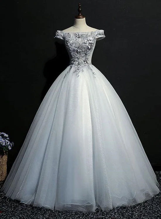 Beautiful Tulle Off Shoulder Grey Formal Gowns, Grey Party Dress , Party Gowns Turtleneck Warm Winter Beautiful Tulle Off Shoulder Grey Formal Gowns, Grey Party Dress , Party Gowns Turtleneck Warm Winter