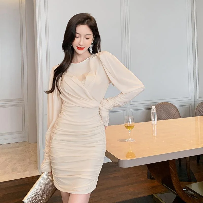 Beige Chiffon Bandage Mini Party Dress Tunics Luxurious high-end