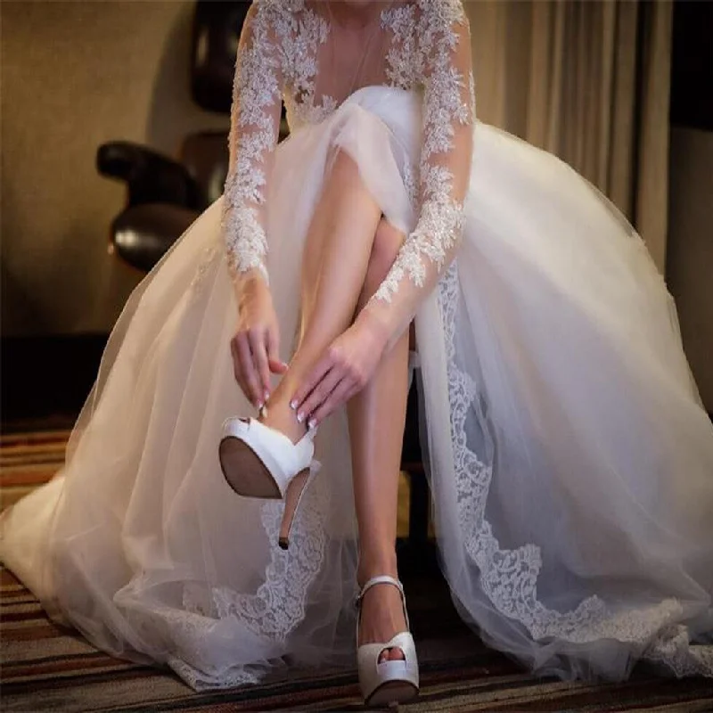 Charming Popular Long Sleeve Lace See Through Wedding Party Dresses, WDY0114 High-Low Hemline Casual Charming Popular Long Sleeve Lace See Through Wedding Party Dresses, WDY0114 High-Low Hemline Casual