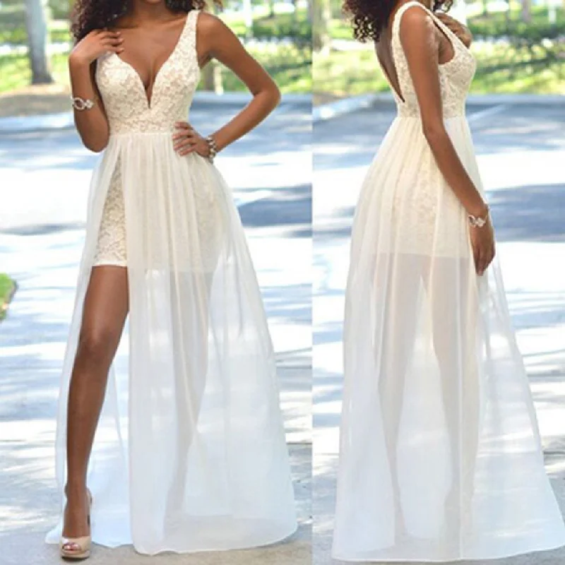Cheap Popular Simple Ivory Lace Side Slit Chiffon Wedding Party Dresses, WDY0120 Chiffon Maxi Beach Cheap Popular Simple Ivory Lace Side Slit Chiffon Wedding Party Dresses, WDY0120 Chiffon Maxi Beach