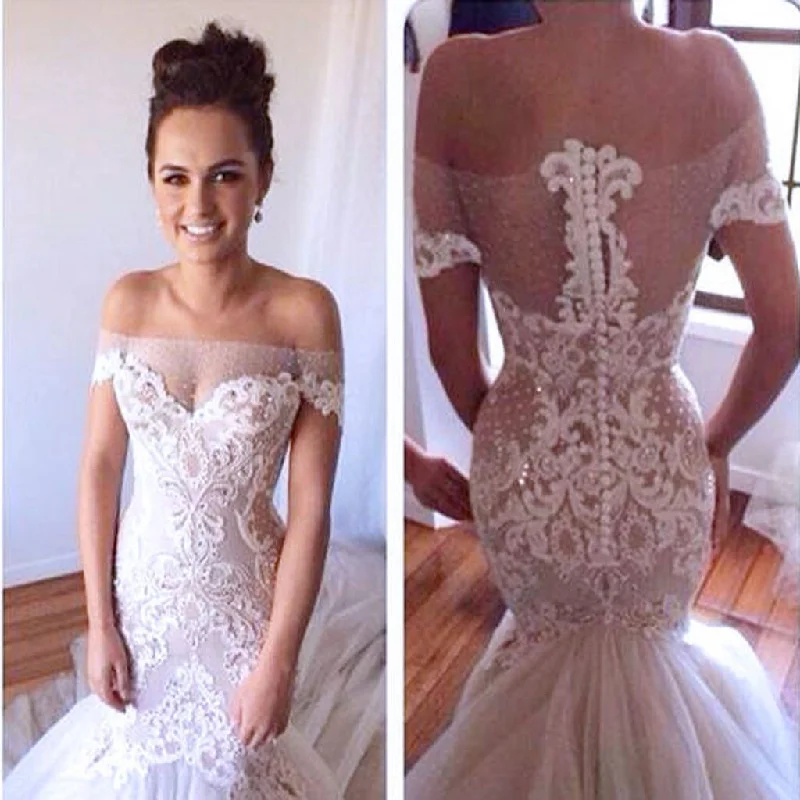 High Quality Off Shoulder Sexy See Through Mermaid Lace Wedding Party Dresses, WD0061 Turtleneck Neckline Stylish High Quality Off Shoulder Sexy See Through Mermaid Lace Wedding Party Dresses, WD0061 Turtleneck Neckline Stylish