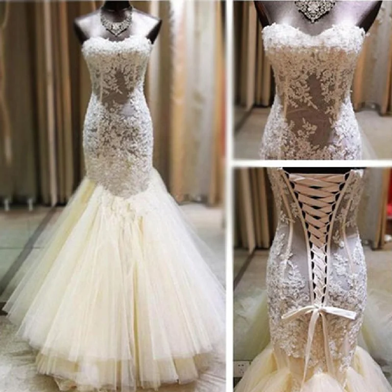 Sexy Ivory Lace Sweetheart See Through Mermaid Tulle Wedding Party Dresses, WD0051 Tunics Trousers formal