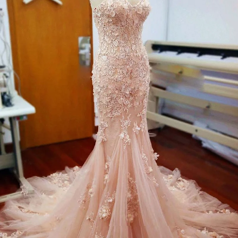 Pink Lace Sweetheart Sexy Mermaid Wedding Party Dresses With Appliques, WD0033 Tunics Sale discount Pink Lace Sweetheart Sexy Mermaid Wedding Party Dresses With Appliques, WD0033 Tunics Sale discount