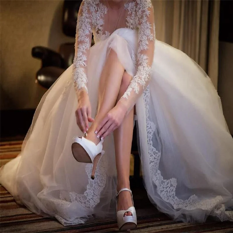 Charming Popular Long Sleeve Lace See Through Wedding Party Dresses, WD0049 Tunics Running lightweight Charming Popular Long Sleeve Lace See Through Wedding Party Dresses, WD0049 Tunics Running lightweight