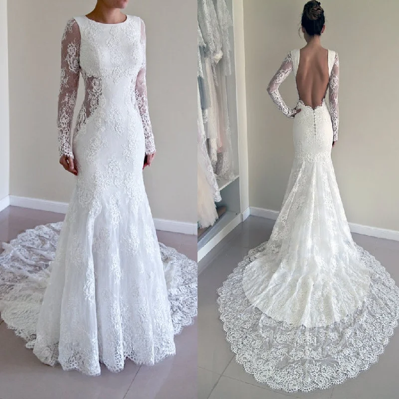 Gorgeous Round Neck Long Sleeve Sexy Mermaid Backless Lace Wedding Party Dresses, WD0040 Tunics Ceremony elegant Gorgeous Round Neck Long Sleeve Sexy Mermaid Backless Lace Wedding Party Dresses, WD0040 Tunics Ceremony elegant