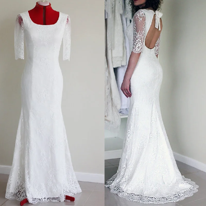 Popular Half Sleeve Sexy Long Mermaid Open Back White Lace Wedding Party Dress, WD0041 Tunics Long Elegant Popular Half Sleeve Sexy Long Mermaid Open Back White Lace Wedding Party Dress, WD0041 Tunics Long Elegant