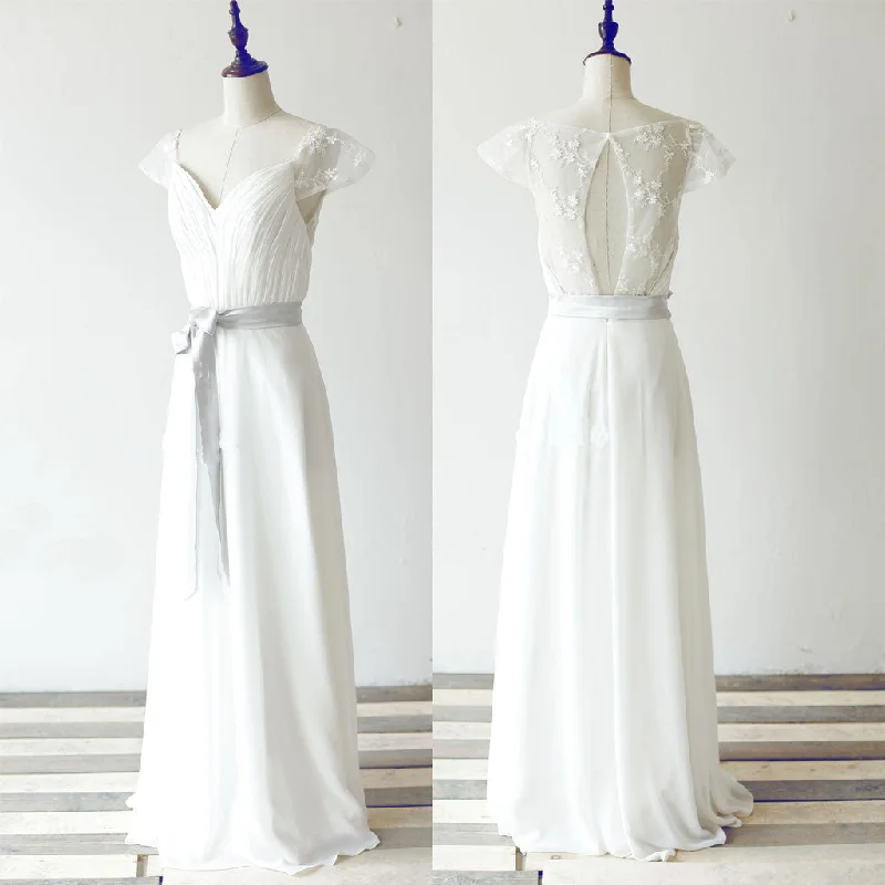 Simple Long A-line White Chiffon Wedding Party Dresses, Cap Sleeve Lace Bridal Gown, WD0062 Mermaid Tail Wedding Simple Long A-line White Chiffon Wedding Party Dresses, Cap Sleeve Lace Bridal Gown, WD0062 Mermaid Tail Wedding