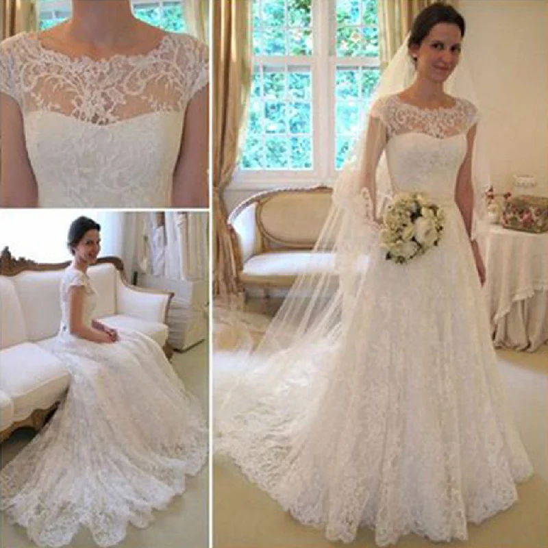Long A-Line Round Neck Illusion White Lace Wedding Party Dresses, WD0044 Tunics Luxurious premium Long A-Line Round Neck Illusion White Lace Wedding Party Dresses, WD0044 Tunics Luxurious premium