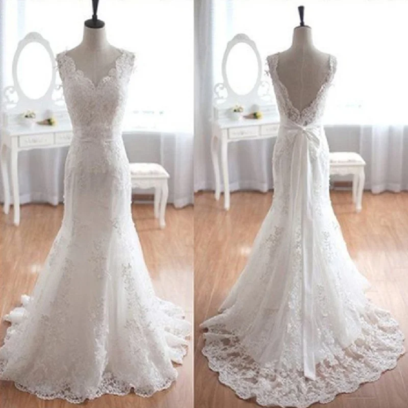 Popular Elegant V-Neck Long Mermaid White Lace Bridal Gown, Wedding Party Dresses , WD0045 Tunics Party sparkling Popular Elegant V-Neck Long Mermaid White Lace Bridal Gown, Wedding Party Dresses , WD0045 Tunics Party sparkling