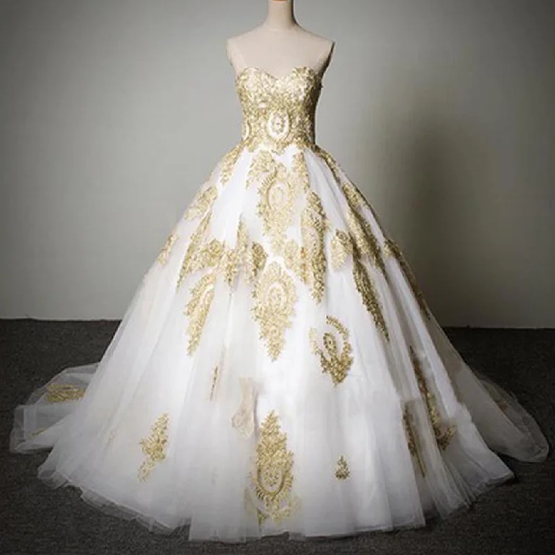 Cheap Popular Classic Sweetheart Gold Lace White Tulle Wedding Party Dresses, WD0071 Tunics Custom made Cheap Popular Classic Sweetheart Gold Lace White Tulle Wedding Party Dresses, WD0071 Tunics Custom made