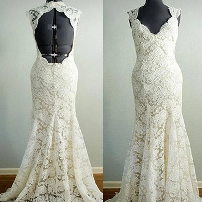 Vintage Beige Lace Open Back Long Mermaid Wedding Party Dresses, Bridal Gown, WD0042 Square Neckline Feminine Vintage Beige Lace Open Back Long Mermaid Wedding Party Dresses, Bridal Gown, WD0042 Square Neckline Feminine