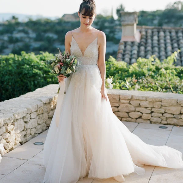 Spaghetti Strap Dark Ivory Applique Bead  Long A-line Tulle Wedding Party Dresses, WD0086 Tunics Seasonal trendy
