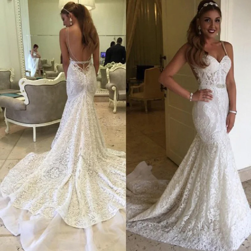 Sexy Mermaid Spaghetti Backless Lace Bridal Gown, Wedding Party Dresses, WD0053 Crew Neckline Sporty Sexy Mermaid Spaghetti Backless Lace Bridal Gown, Wedding Party Dresses, WD0053 Crew Neckline Sporty