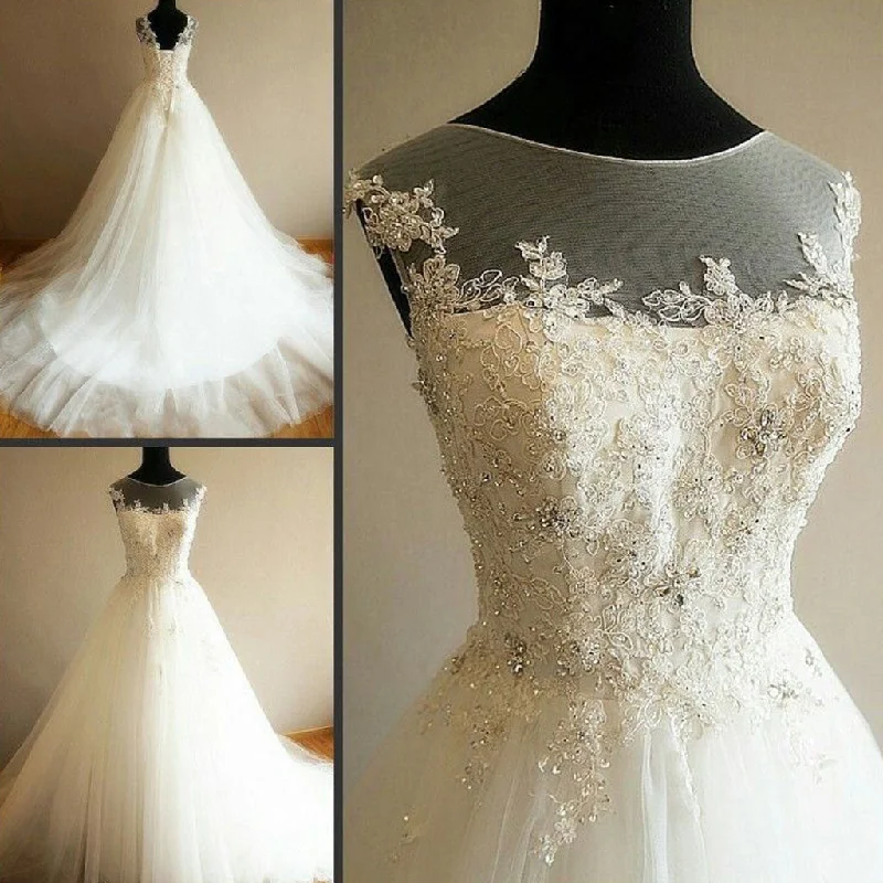 Charming Illusion Long A-line Lace Up Tulle Rhinestone Wedding Party Dresses, WD0063 Tunics Review highly Charming Illusion Long A-line Lace Up Tulle Rhinestone Wedding Party Dresses, WD0063 Tunics Review highly