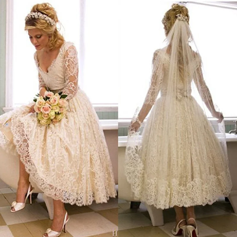 Vantage V-Neck Long Sleeve Tea Length White Lace Princess Wedding Party Dresses, WD0031 Tunics Cozy comfortable Vantage V-Neck Long Sleeve Tea Length White Lace Princess Wedding Party Dresses, WD0031 Tunics Cozy comfortable