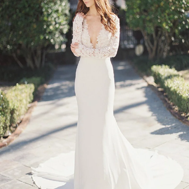 Sexy Deep V-Neck Long Sleeve Lace Top Mermaid Wedding Party Dresses, WD0038 Tunics Fall fleece Sexy Deep V-Neck Long Sleeve Lace Top Mermaid Wedding Party Dresses, WD0038 Tunics Fall fleece