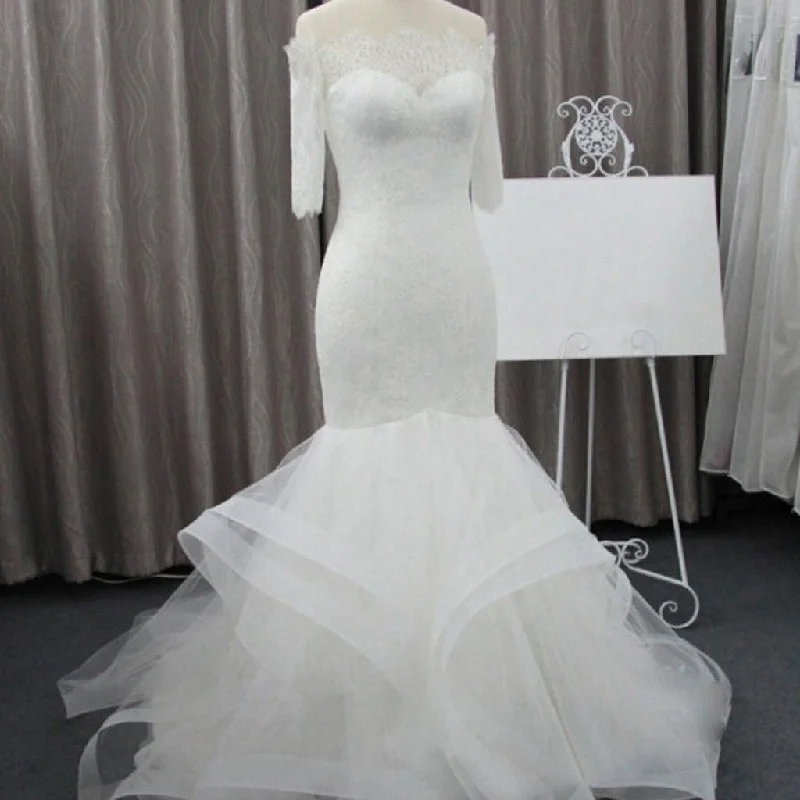 Vantage Off Shoulder Half Sleeve Lace Sexy Mermaid Wedding Party Dresses, WD0075 Tunics Custom made Vantage Off Shoulder Half Sleeve Lace Sexy Mermaid Wedding Party Dresses, WD0075 Tunics Custom made