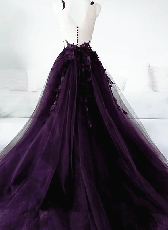 Dark Purple Tulle With Lace Applique Long Wedding Party Dress, Purple Formal Dress Halter Neckline Beach Dark Purple Tulle With Lace Applique Long Wedding Party Dress, Purple Formal Dress Halter Neckline Beach