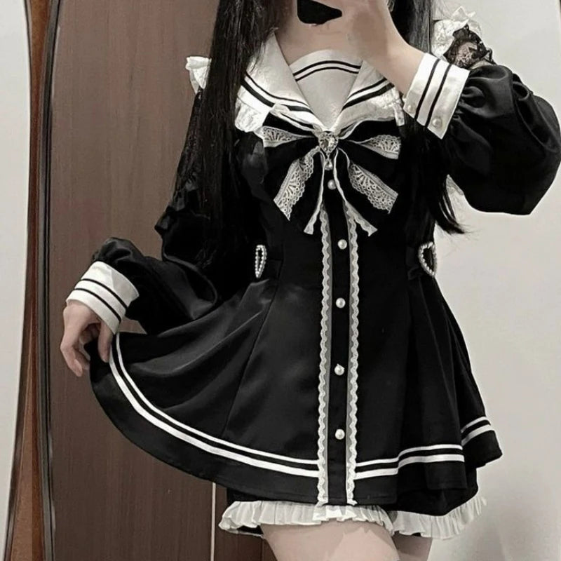 Girlary Japanese Style Gothic Y2k Lolita Bow Dress Shorts Set Women Vintage Sweet Long Sleeve Button Shirt Party Dresses Slim Mini Dress Tunics Versatile stylish Girlary Japanese Style Gothic Y2k Lolita Bow Dress Shorts Set Women Vintage Sweet Long Sleeve Button Shirt Party Dresses Slim Mini Dress Tunics Versatile stylish