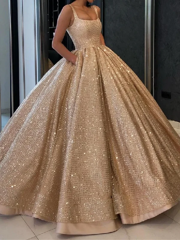 Gorgeous Bling Bling Gold Sequins Prom Gown with Pockets, Golden Formal Evening Gown Shift Classic Vintage Gorgeous Bling Bling Gold Sequins Prom Gown with Pockets, Golden Formal Evening Gown Shift Classic Vintage