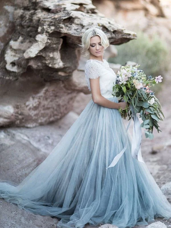 Two Piece Ivory Lace Dusty Blue Tulle Short Sleeves Wedding Party Dress Tunics Bestseller popular Two Piece Ivory Lace Dusty Blue Tulle Short Sleeves Wedding Party Dress Tunics Bestseller popular