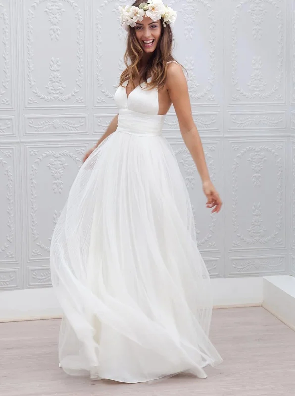 Boho Beach Ivory Tulle Spaghetti Straps Backless Wedding Party Dress Tunics Top rated Boho Beach Ivory Tulle Spaghetti Straps Backless Wedding Party Dress Tunics Top rated