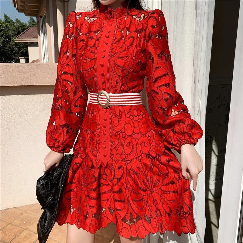 Runway Designer Spring Lace Party Dress 2021 New Women Lantern Sleeve Hollow Out Dress Fashion Holiday Belt Mini Dresses Tunics Polka dots Runway Designer Spring Lace Party Dress 2021 New Women Lantern Sleeve Hollow Out Dress Fashion Holiday Belt Mini Dresses Tunics Polka dots